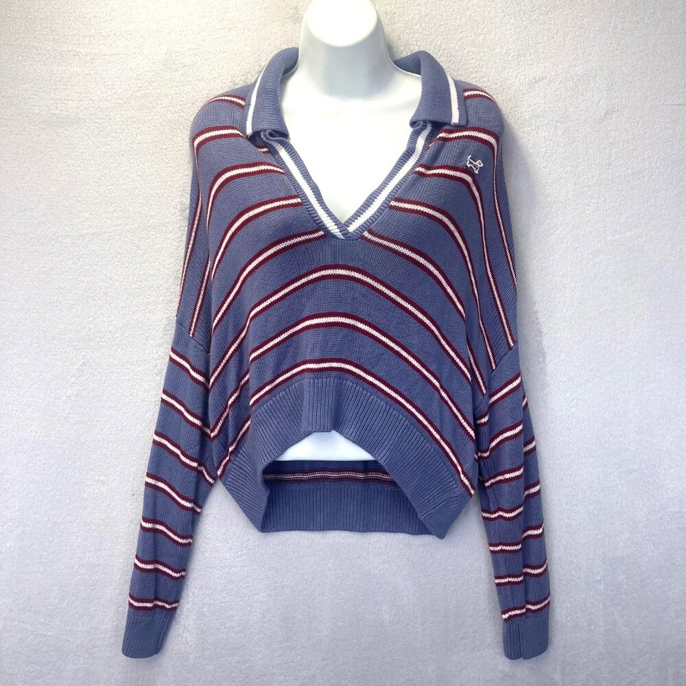 PINK Victoria's Secret Slouchy Cropped Sweater Womens XL Blue Collared Oversized